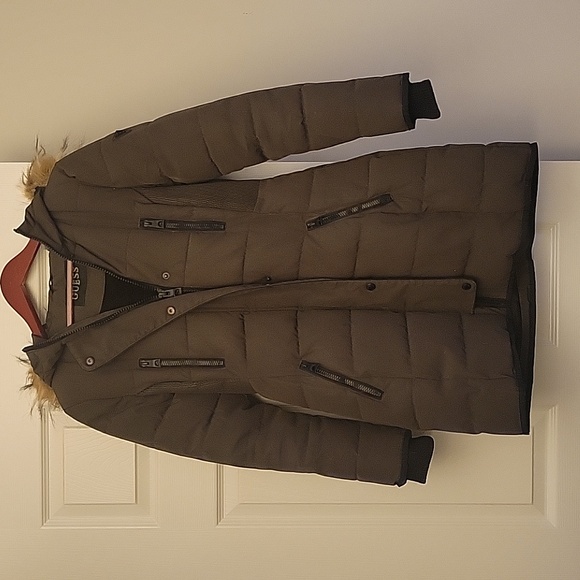 Guess Olive Green Puffer Jacket Fur Hood - Picture 1 of 2